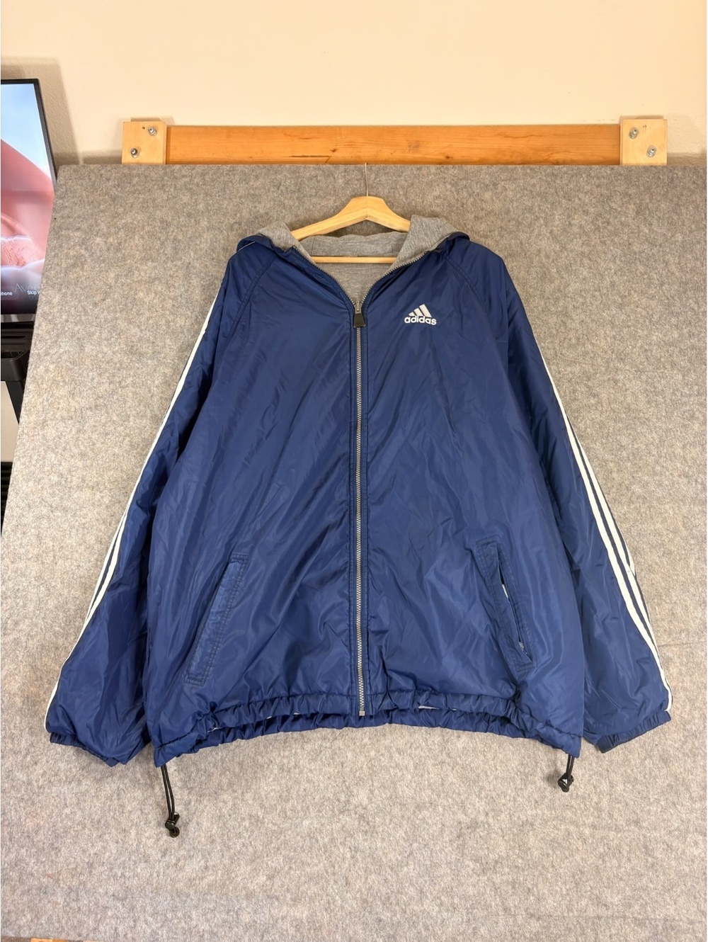 Vintage Adidas gray and navy reversible hooded jacket size 2XL